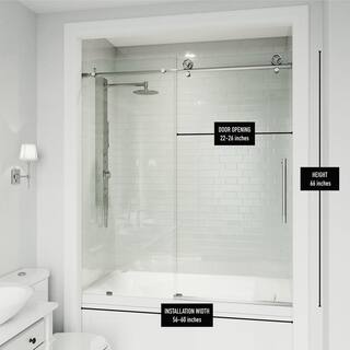 VIGO Elan Cass Aerodynamic 56 to 60 in. W x 66 in. H Sliding Frameless Tub Door in Stainless Steel with 38 in. Clear Glass VG6044STCL6066