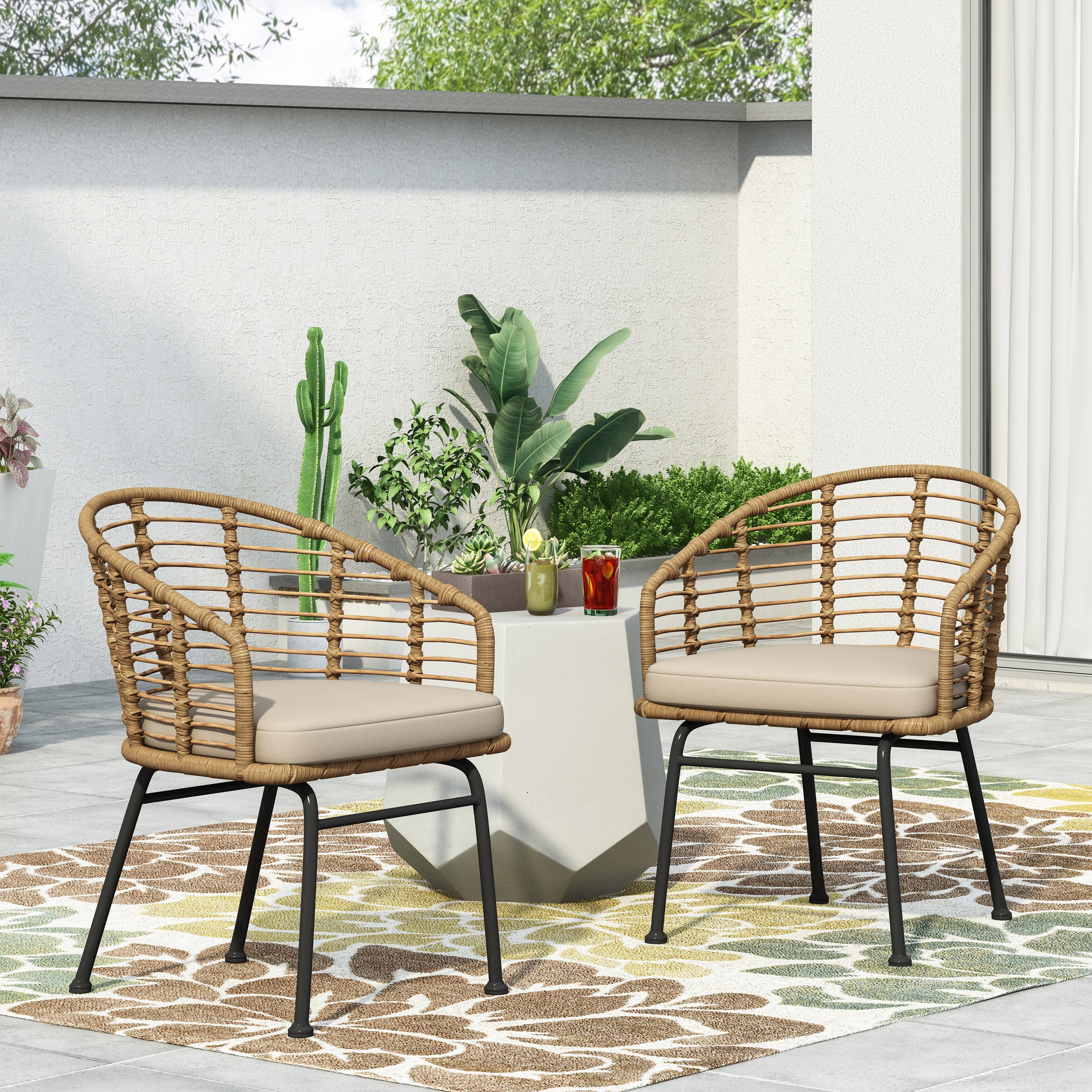 Monture Outdoor Wicker Chair with Water Resistant Cushion, Set of 2, Light Brown and Beige