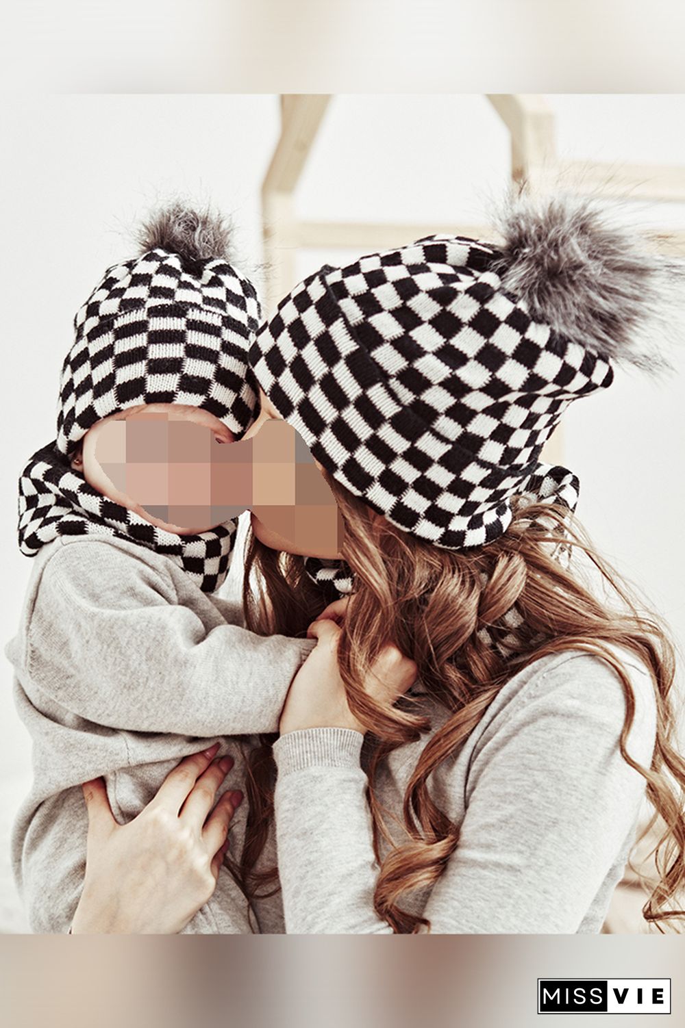 Black White Red Plaid Parent-child Knitted Hat & Scarf 4pcs Set Wholesale MOQ3pcs