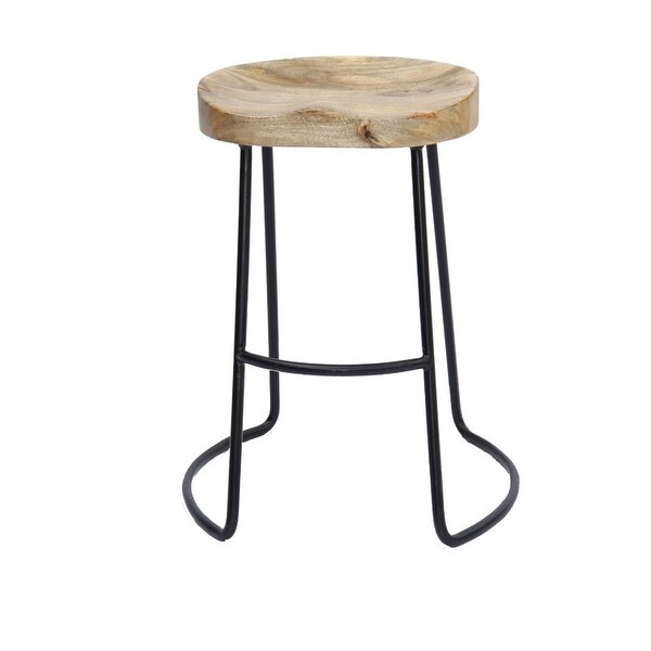 Ela 24 Inch Counter Height Stool， Mango Wood Saddle Seat， Iron Frame， Brown and Black