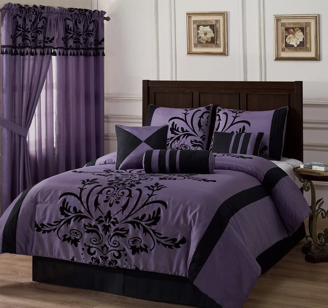 Chezmoi Collection Contemporary 7-Piece Luxury Flocked Floral Fabric Comforter Set， Full， Violet