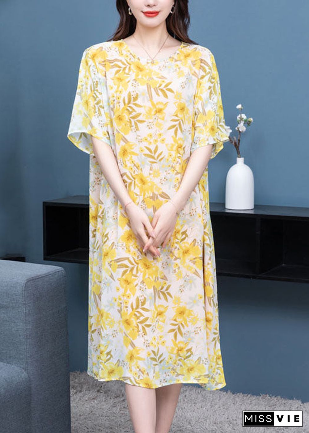 French Yellow O Neck Print Patchwork Chiffon Mid Dresses Summer