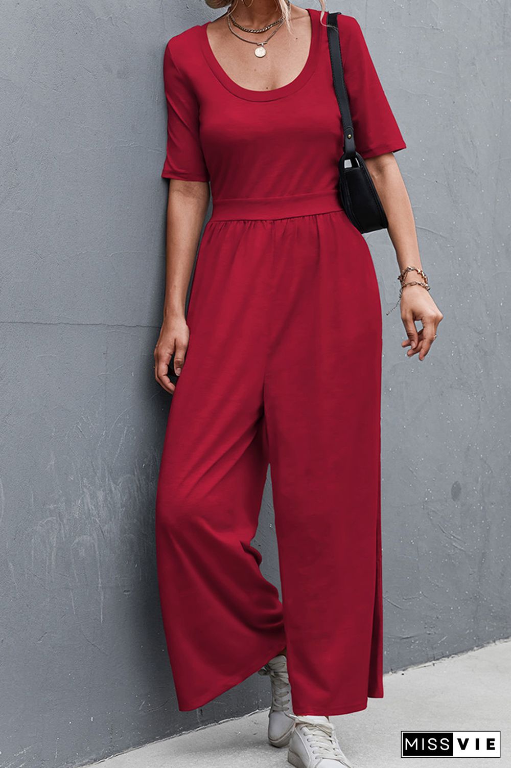 Solid Color Short Sleeve Wide Leg Jumpsuit Wholesale