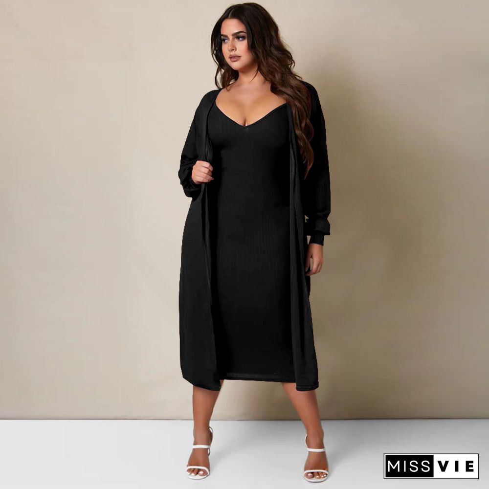 Long Sleeve Loose Long Cardigan Midi Dress Sets