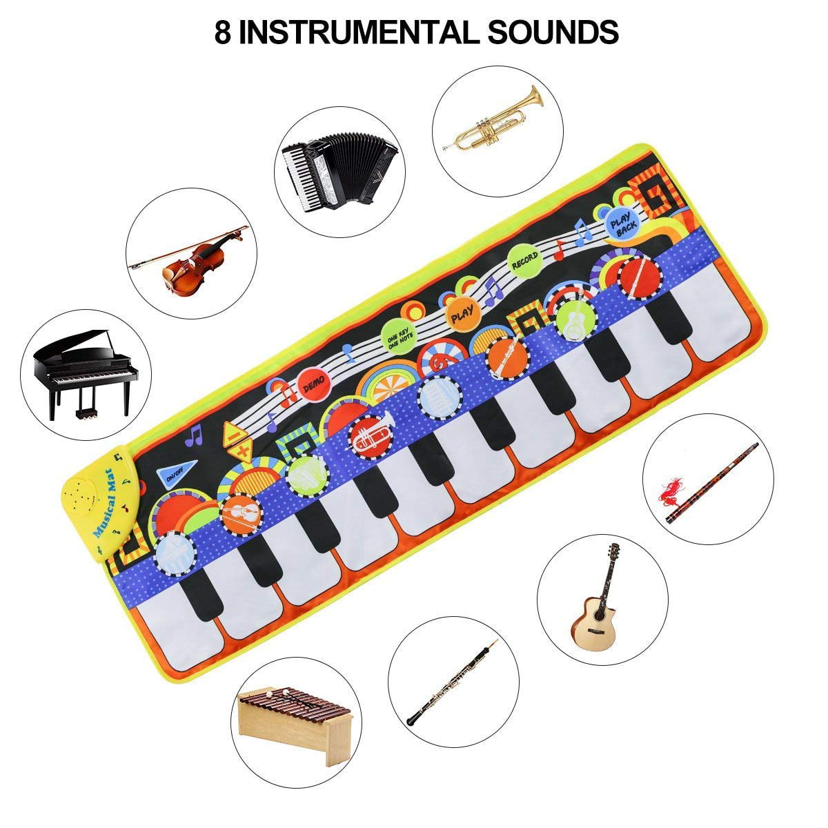 Piano Music Mat， Keyboard Play Mat Music Dance Mat with 19 Keys Piano Mat， 8 Selectable Musical Instruments Build-in Speaker and Recording Function for Kids Girls Boys， 43.3'' x14.2''