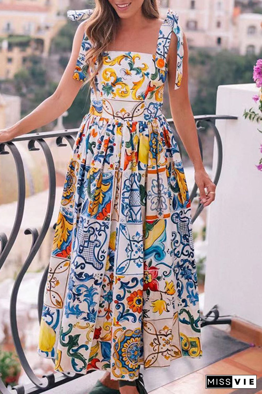 Fashion Print Bandage Spaghetti Strap Cake Skirt Dresses