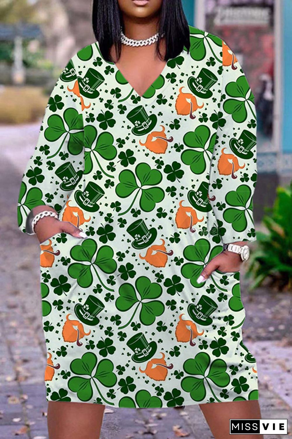 Green Orange Casual Print Patchwork Basic V Neck Long Sleeve Dresses