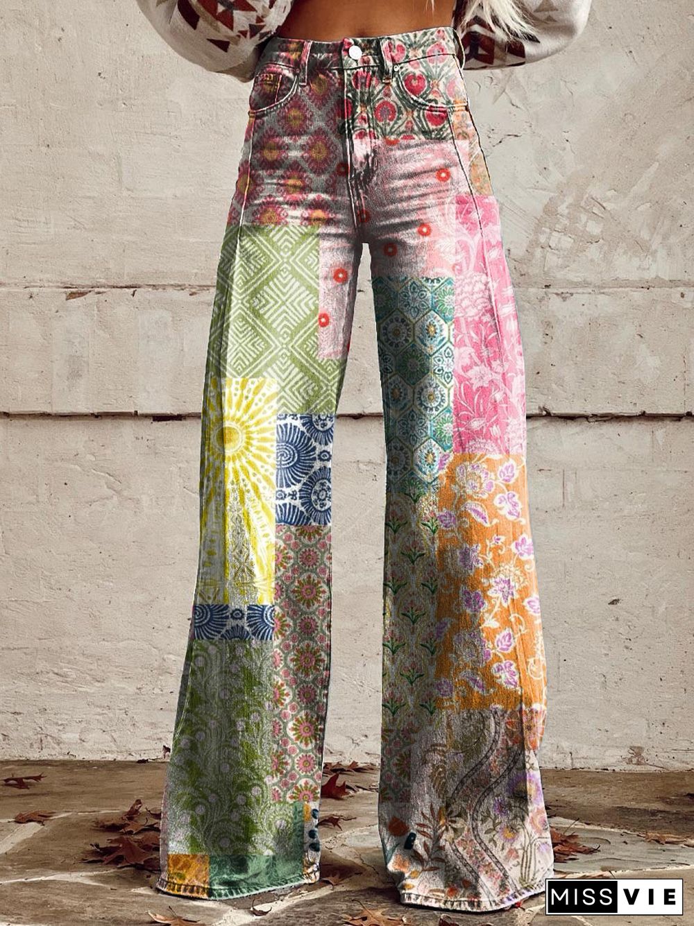 Women's Vintage Floral Print Casual Wide Leg Pants