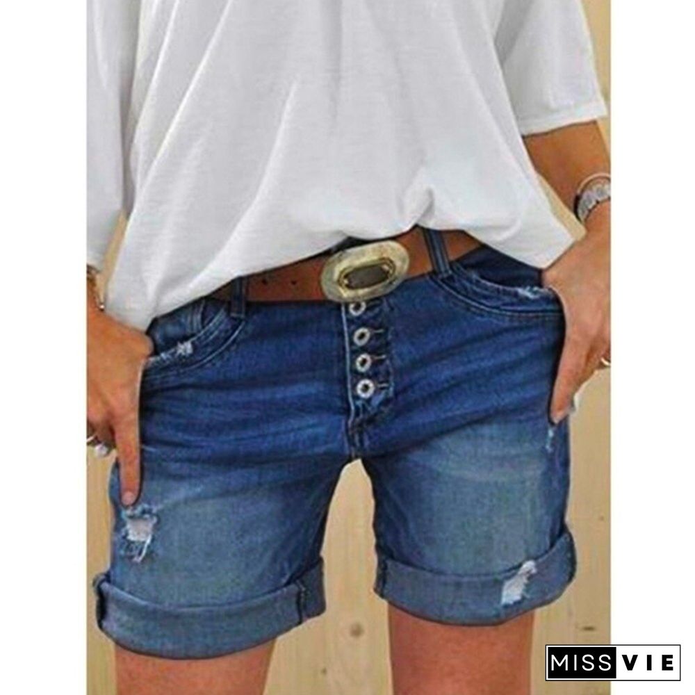 Women Summer Denim Shorts Sexy Ripped Hole Button Jeans Shorts Ladies Plus Size Short