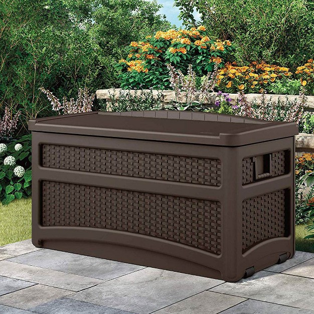 Suncast Dbw7500 73 Gallon Outdoor Patio Storage Chest With Handles amp Seat Java