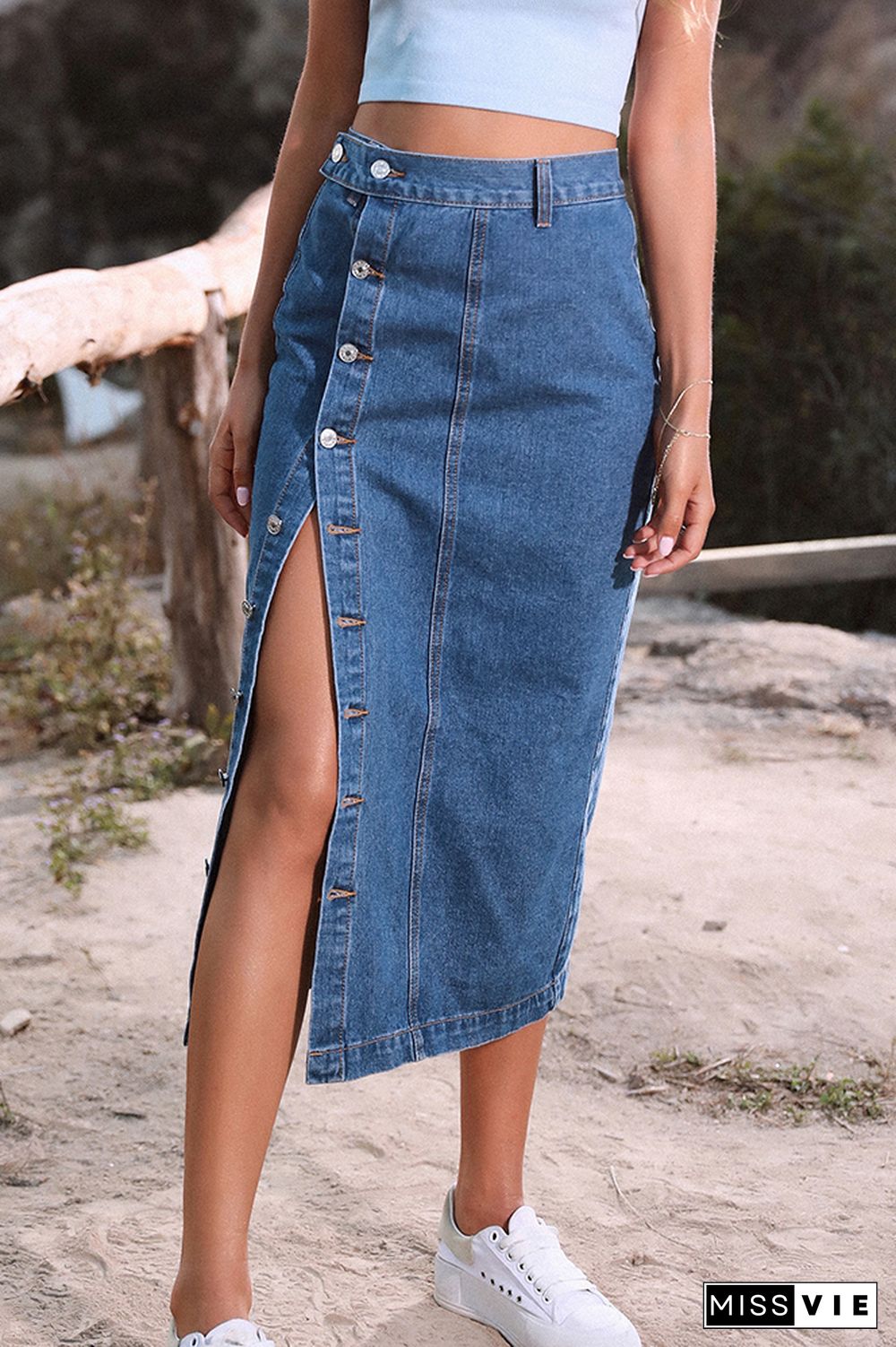 Slit Buttons High Waist Denim Skirt Wholesale