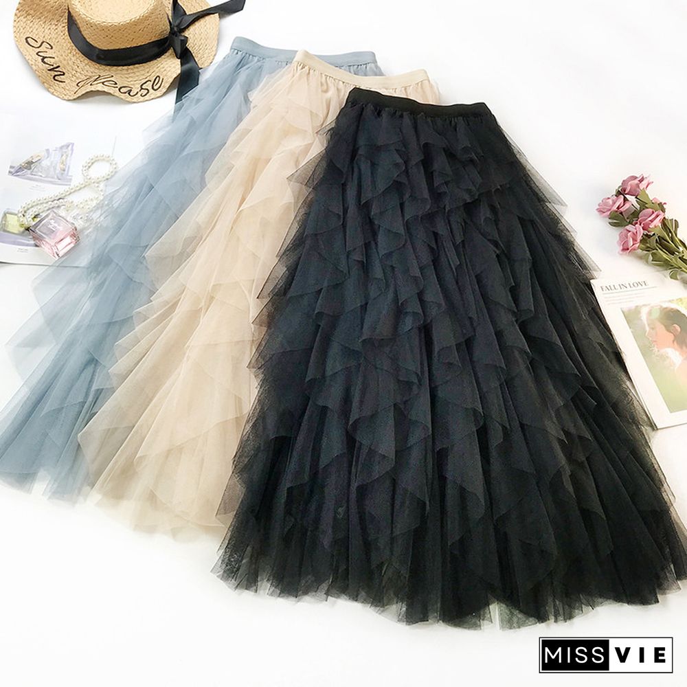 Fashion Tutu Tulle Skirt Women Long Maxi Skirt Spring Summer Korean Black Pink High Waist Pleated Skirt Female