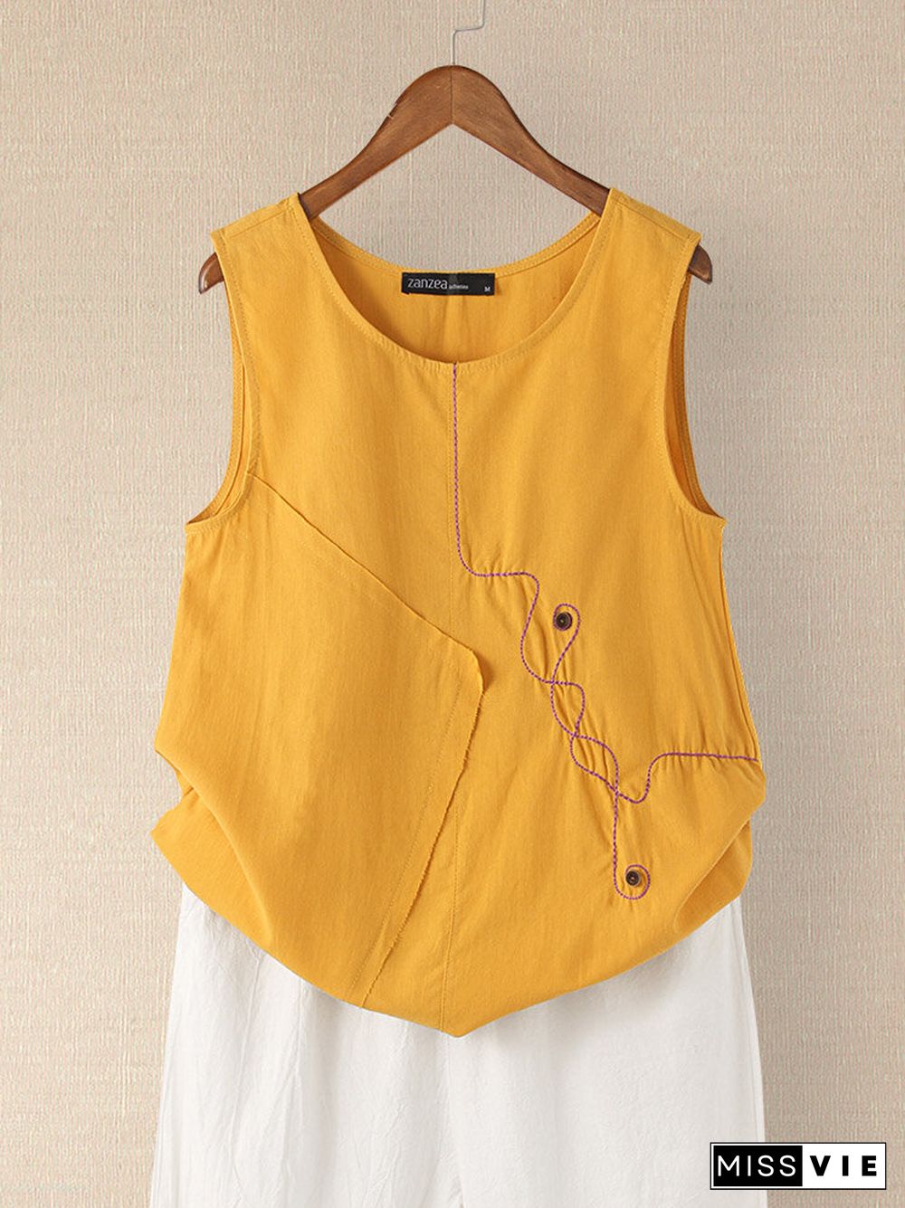 Button Embroidery O-neck Sleeveless Patchwork Vintage Tank Top