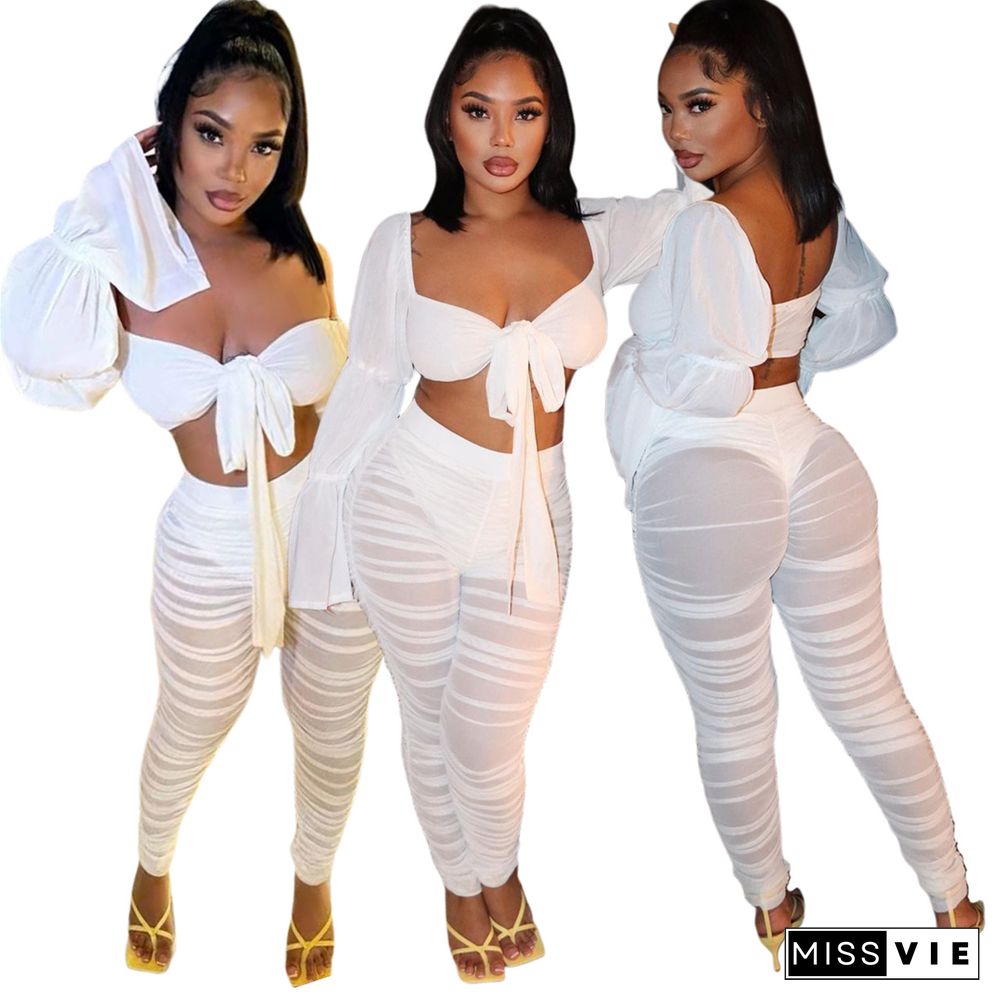 Mesh Long Flare Sleeve Crop Top Pleated Pants Set