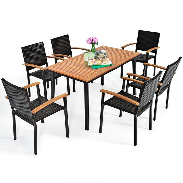 Costway 7 PCS Patio Rattan Dining Set Acacia Wood Table Top Stackable