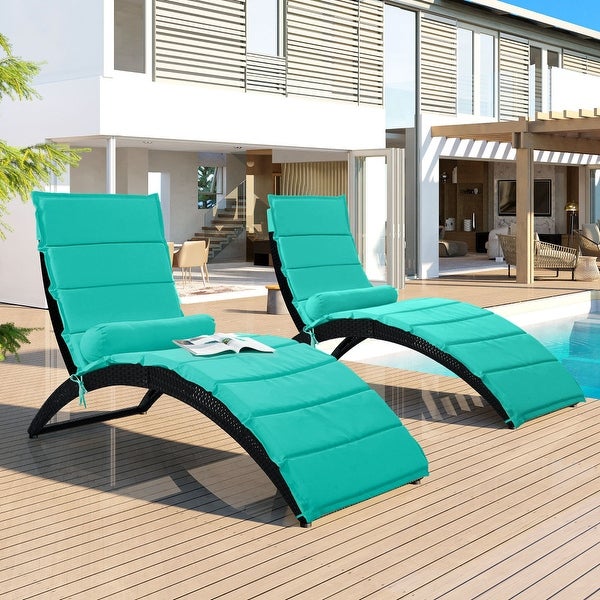 2-Pice Outdoor Patio Wicker Foldable Chaise Lounge with Cushion Pillow