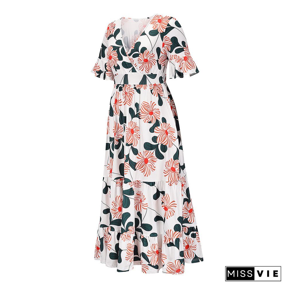 Cross V Neck Short Sleeve High Waist Floral Maxi Dress