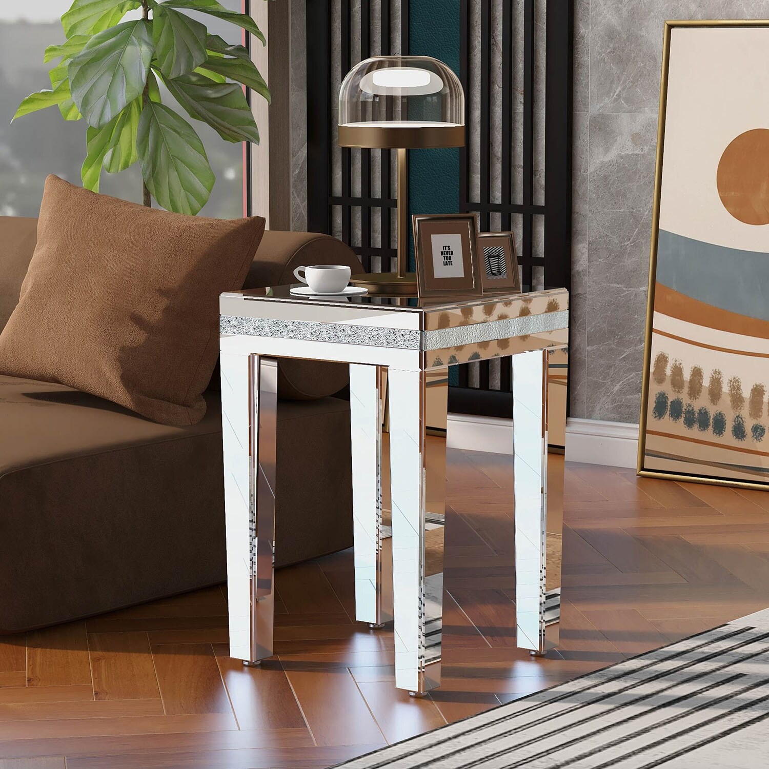 Modern Glass Mirrored Side Table，End Table with Adjustable Height Legs