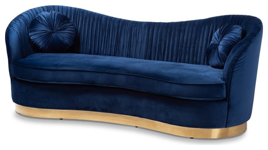 Bowery Hill 18.1 quotMid Century Velvet Upholstered Sofa in Royal Blue/Gold   Contemporary   Sofas   by Homesquare  Houzz