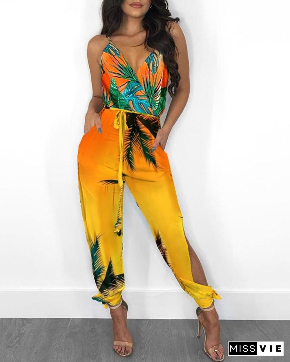 Tropical Print Pocket Design Slit Leg Jumpsuit P16071