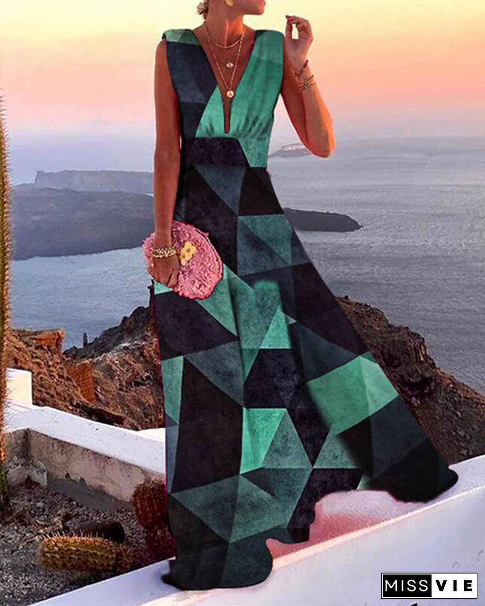 Elegant Print Sleeveless Maxi Dress