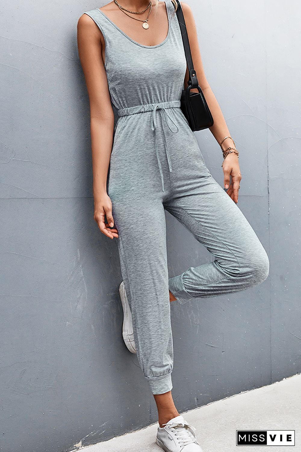 Strap U Neck Sleeveless Drawstring Waist Jumpsuit Wholesale