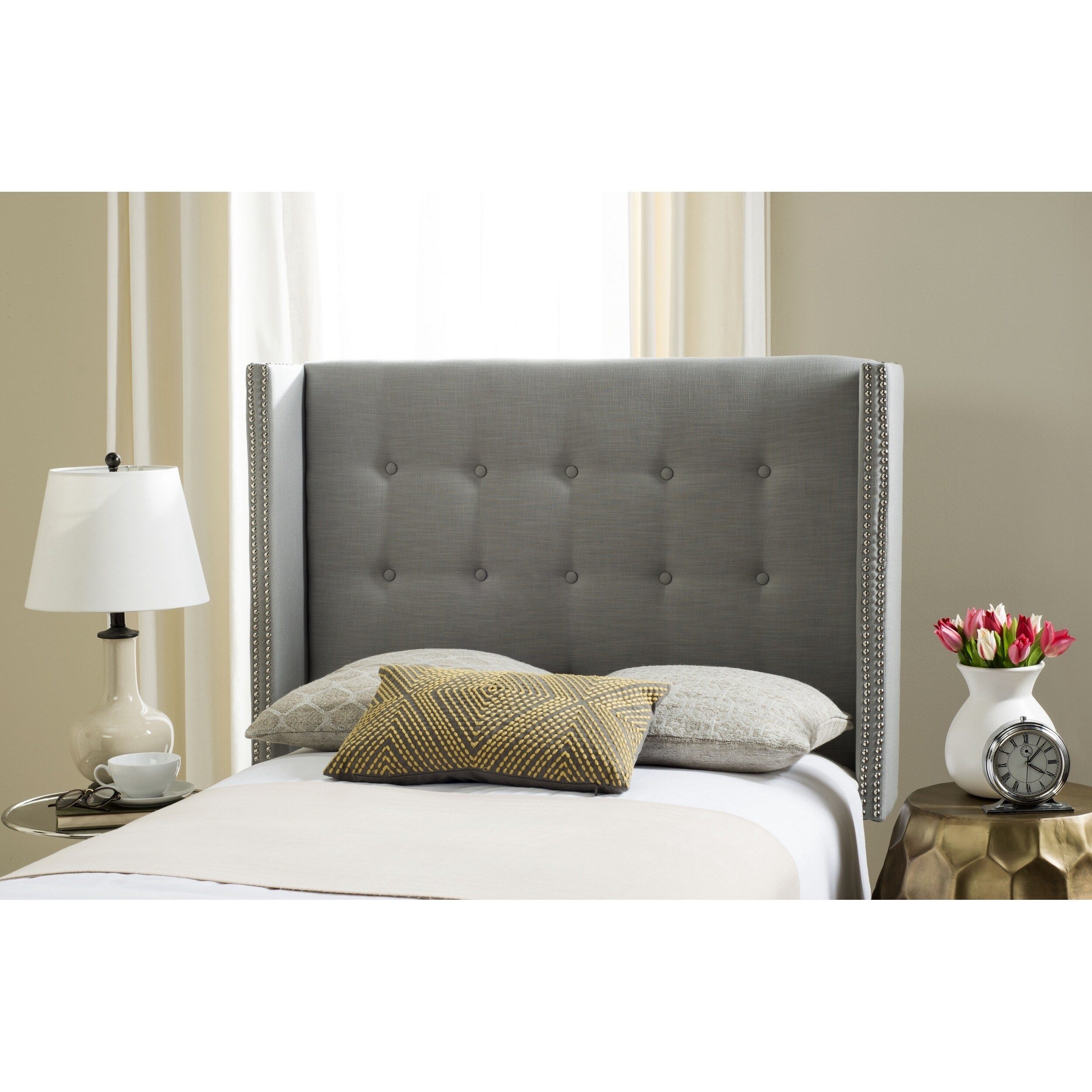 SAFAVIEH Keegan Silver Linen Upholstered Tufted Wingback Headboard (Full) - - 11551622