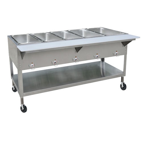 Kratos 28W-200 Mobile Stationary Five Pan Open Well Electric Steam Table with Undershelf， 240V， 3750W