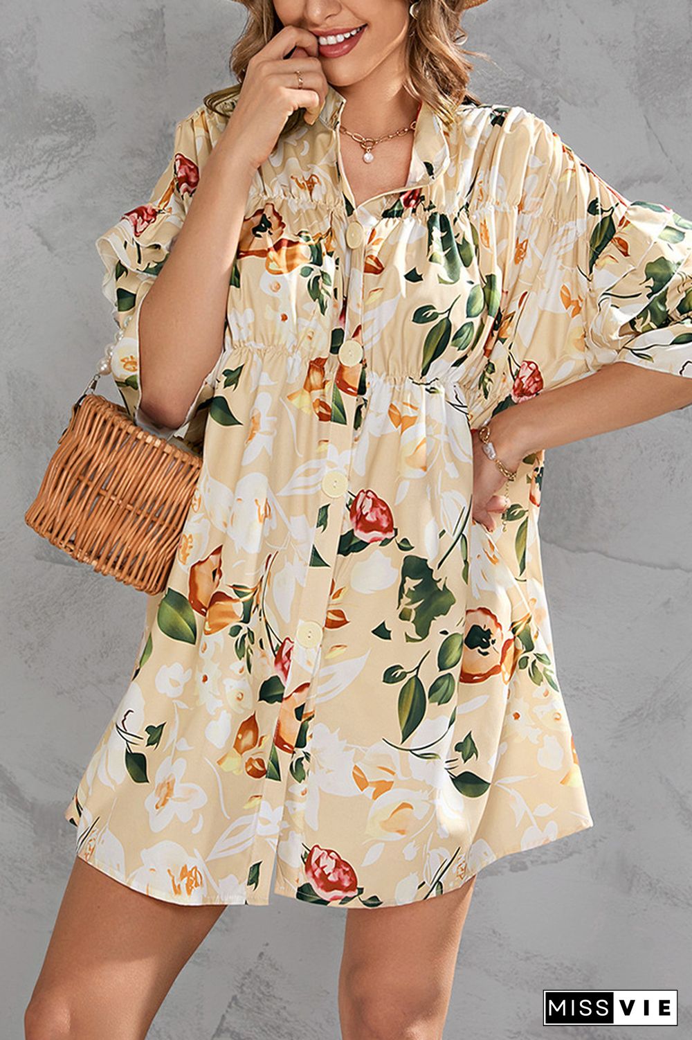 Half Sleeves Floral Button Up SHirt Dress