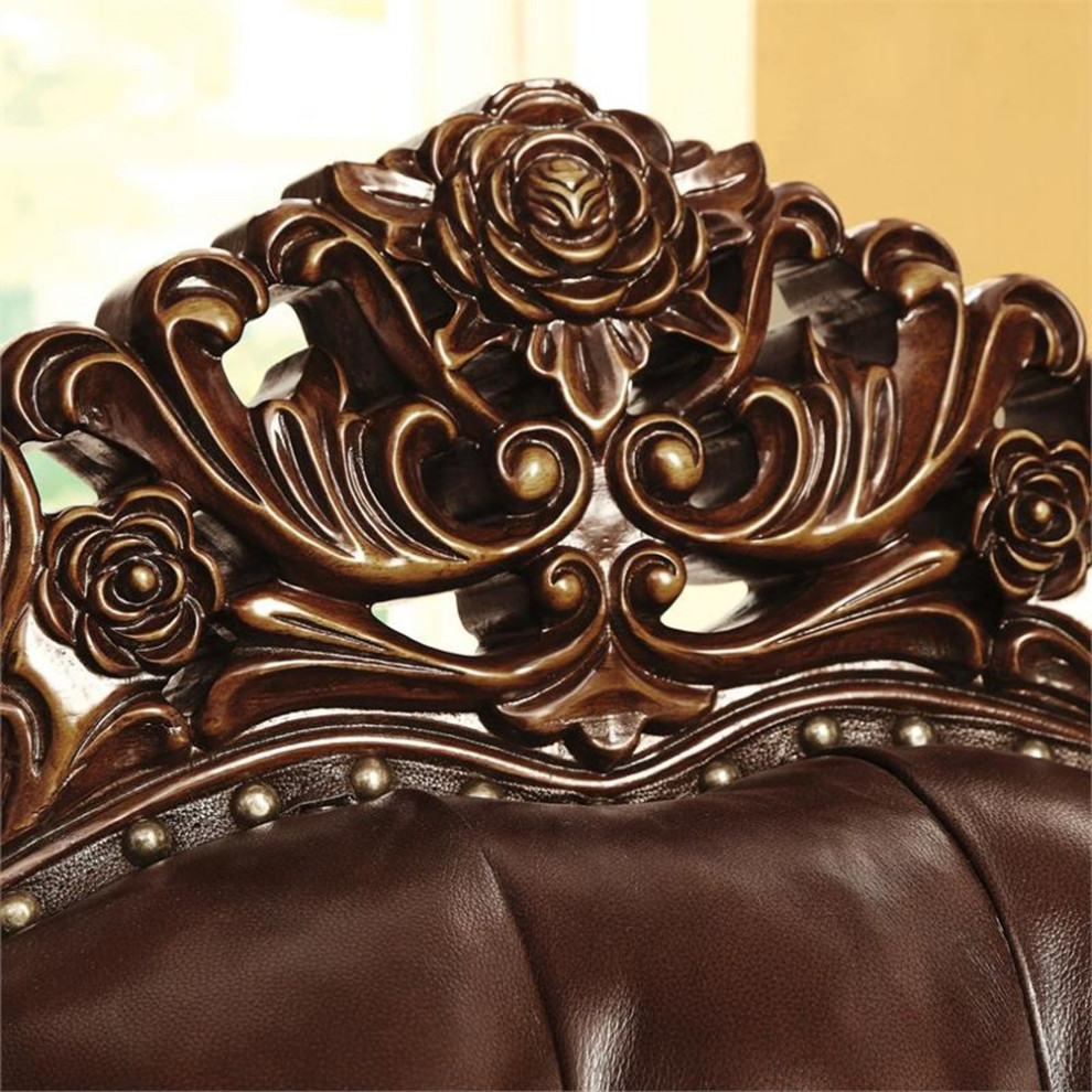 Bowery Hill Top Grain Leather Tufted Loveseat in Dark Oak Finish   Victorian   Loveseats   by Homesquare  Houzz