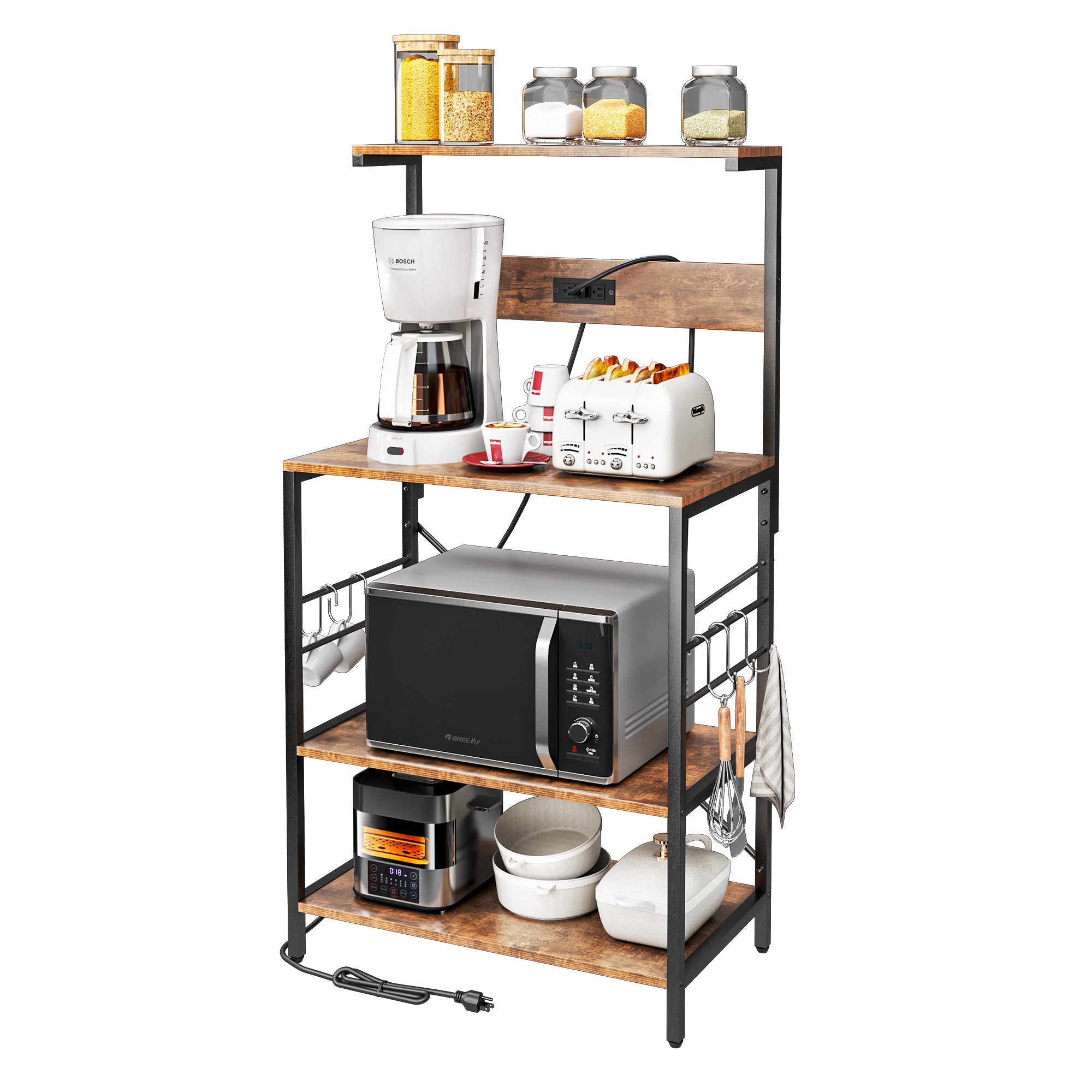 TC-HOMENY 4-Tier Bakers Rack with Power Outlet, Kitchen Storage Shelf with 5 S-Shaped Hooks, Kitchen Microwave Stand, Coffee Station Utility Storage Shelf for Kitchen