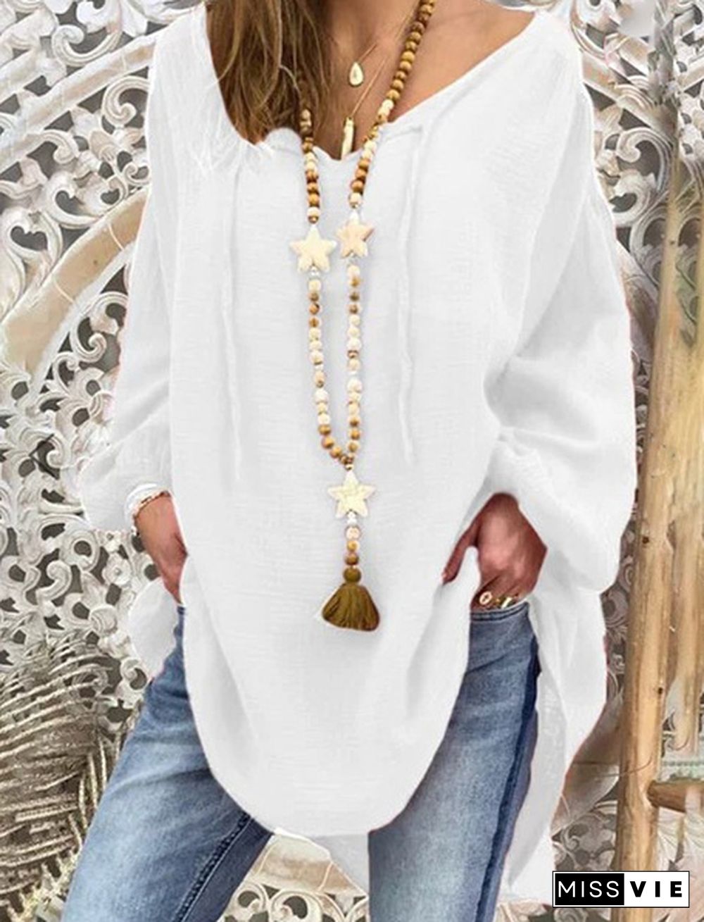 NEW Women Fashion Top Plus Size Loose Puff Long Sleeves Blouse V-neck Casual T-shirt