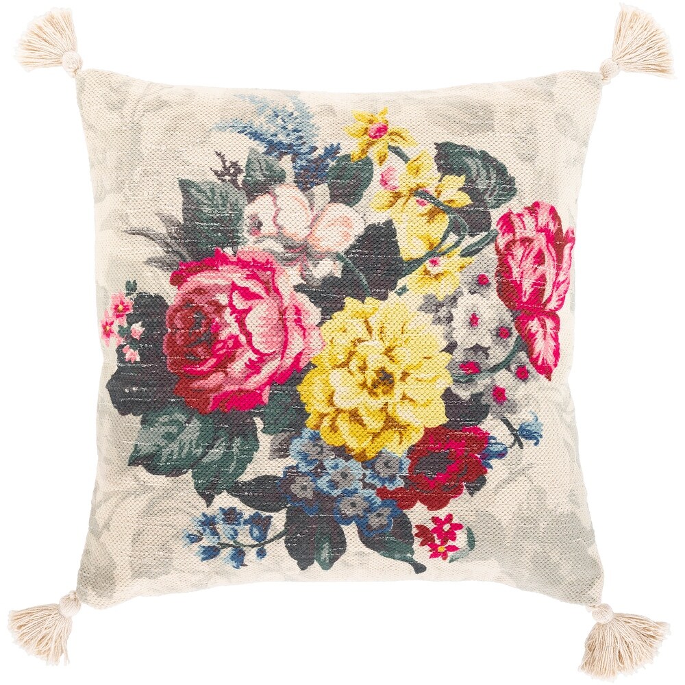 Deidra Handmade Beige Floral Tassel Cotton Throw Pillow