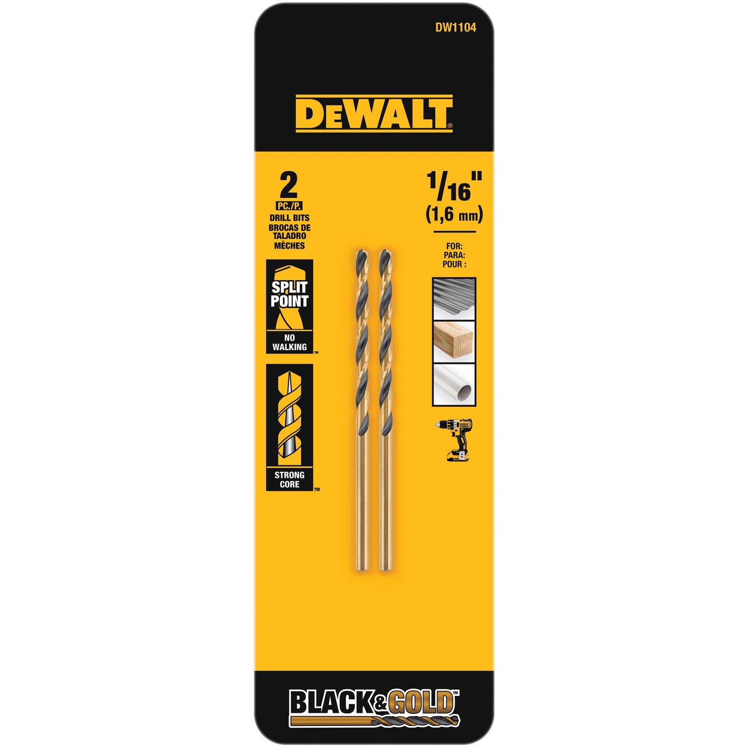 DW Black \u0026 Gold 1/16 in. X 1.88 in. L High Speed Steel Drill Bit 2 pc