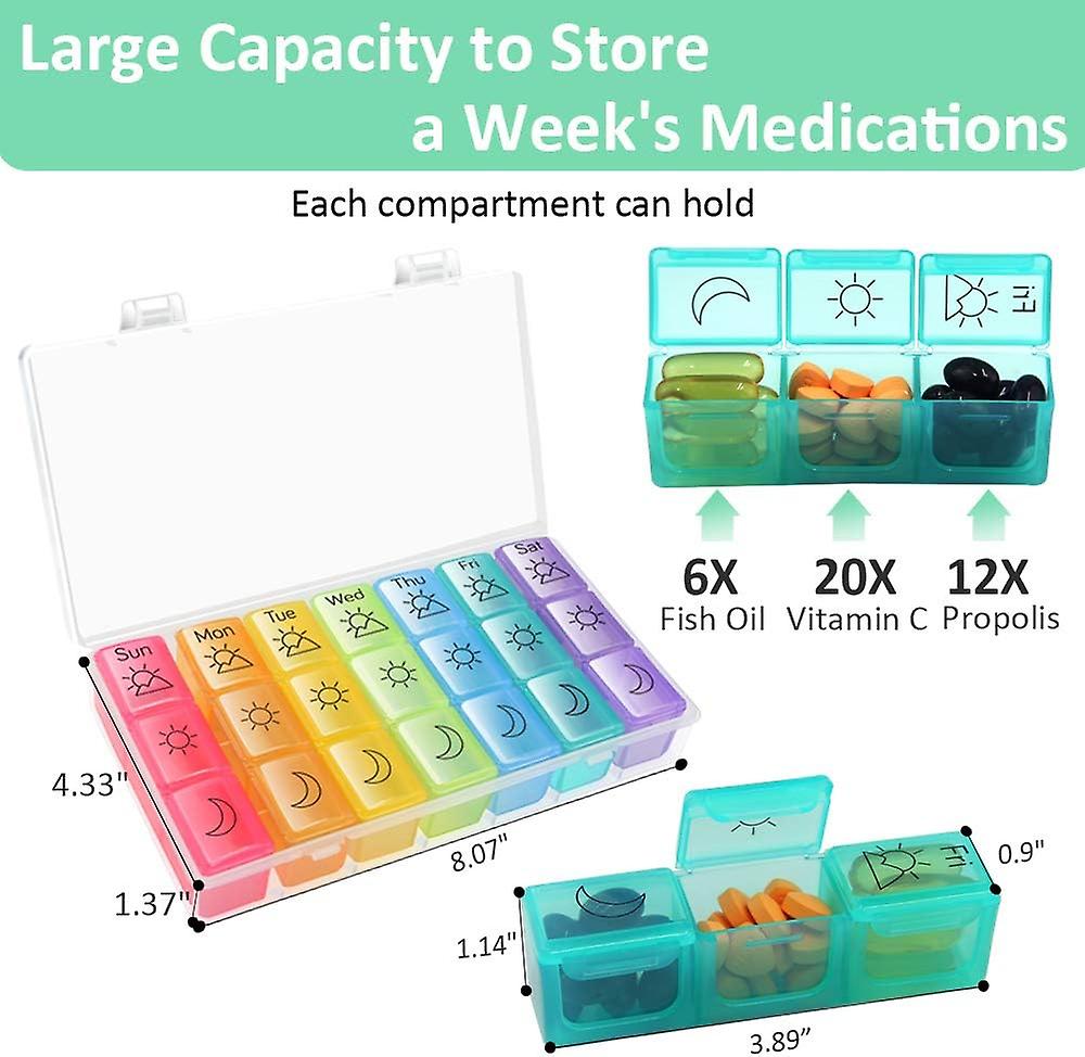 Weekly Pill Organizer 3-times-a-day Pill Box 7 Day Pill Holder Large Compartments Moisture-proof Pill Case Medication Reminder Portable Container For