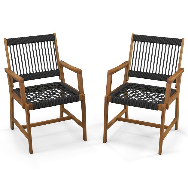 Costway Patio 2pcs Acacia Wood Dining Chairs All weather Rope Woven Armchairs Outdoor