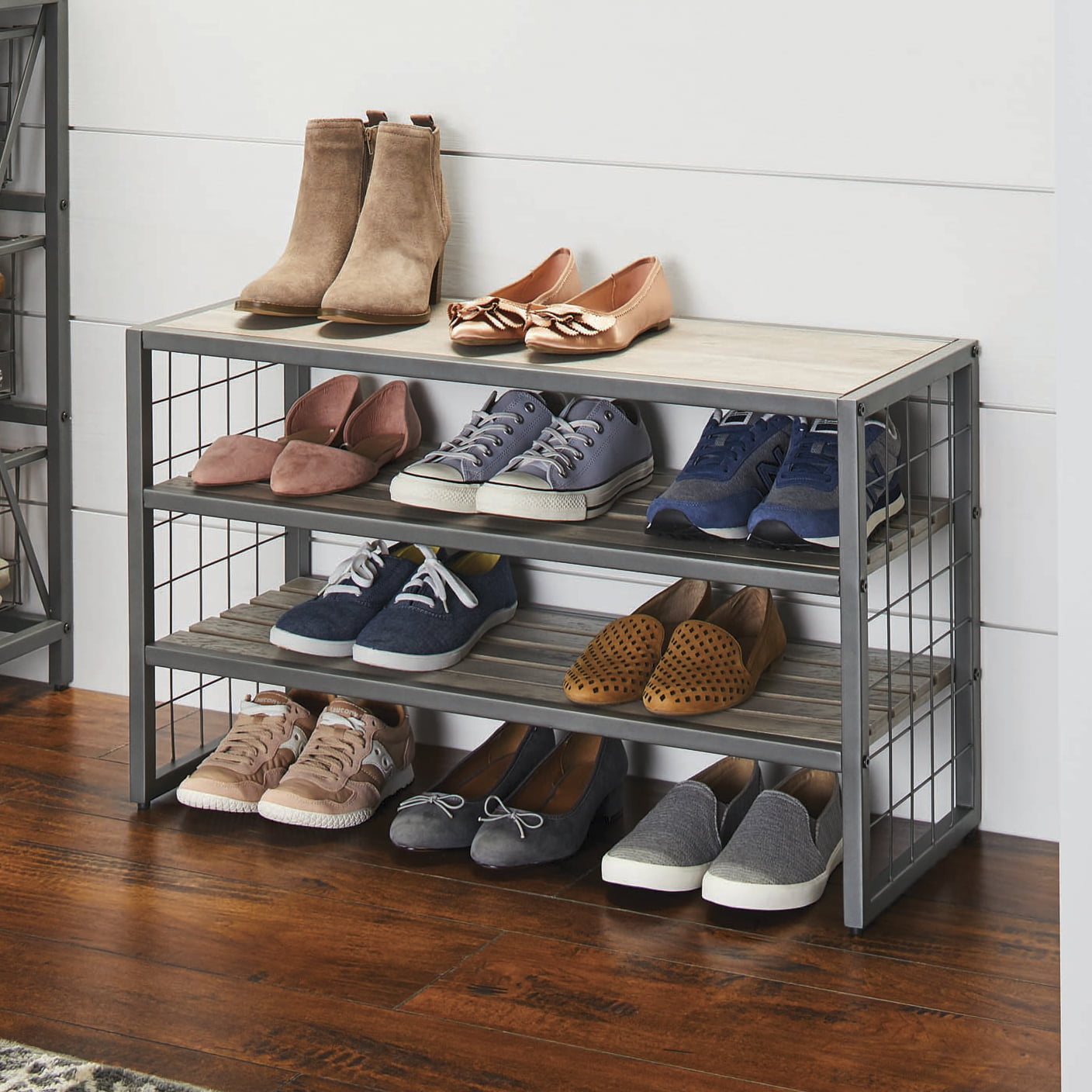 Better Homes and Gardens Farmhouse 3 Tiers，12-Compartment Garment Shoe Rack wood，  Gray