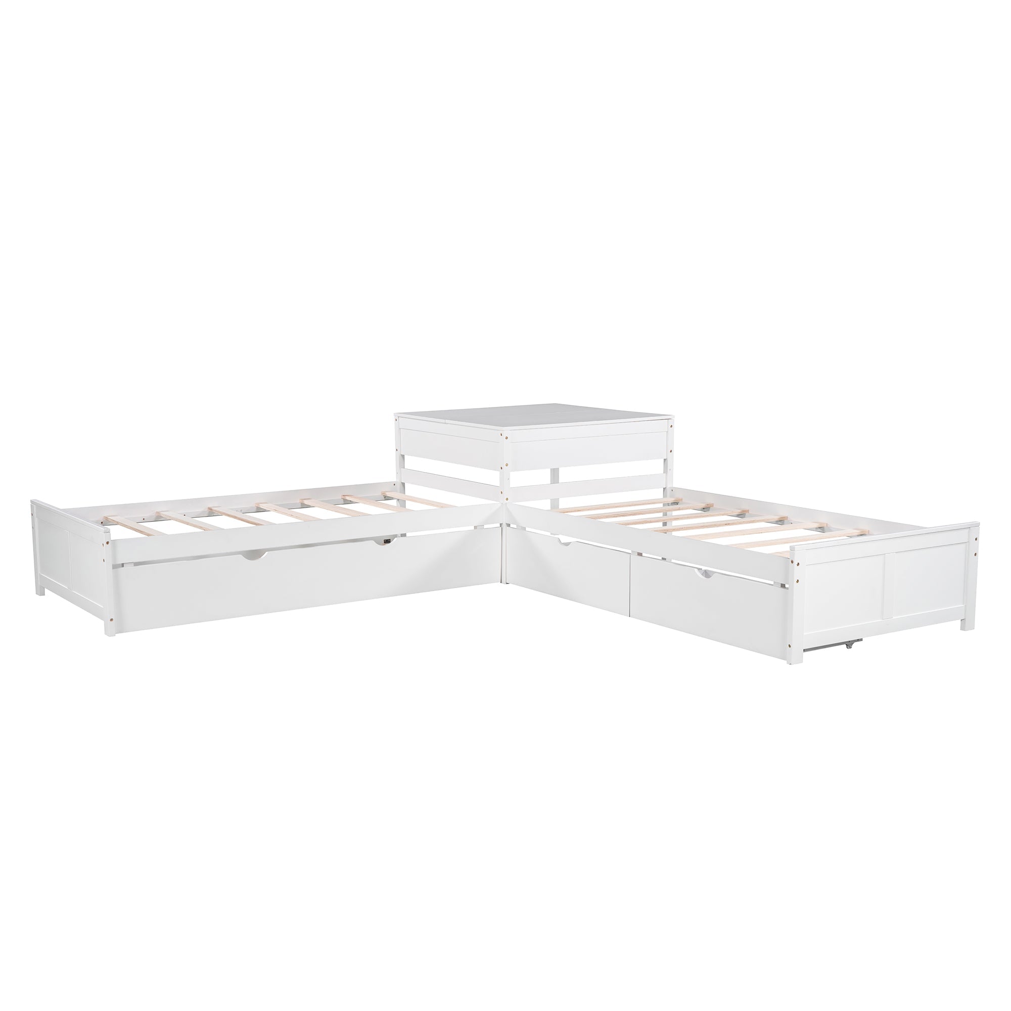 EUROCO Pine Wood L-Shaped Twin Platform Bed for Kids, White