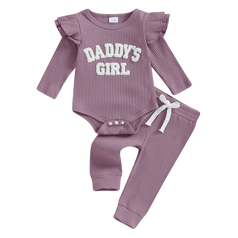 Daddys Girls Baby Clothes 3 6 9 12 18 Month Ribbed Romper Ruffle Long Sleeve  Pants Newborn Outfits Clothing Set