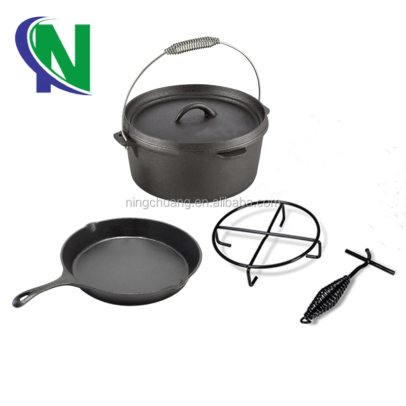 Camping hiking outdoor use fire pot set cast iron dutch oven set