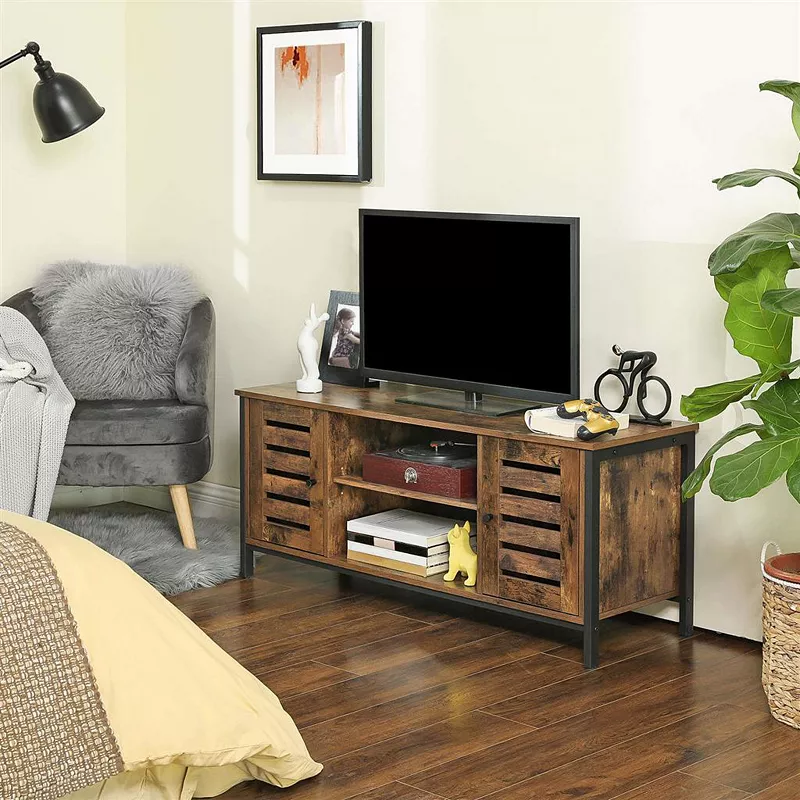 Industrial Tv Console Unit With Shelves， Cabinet With Storage， Louvered Doors