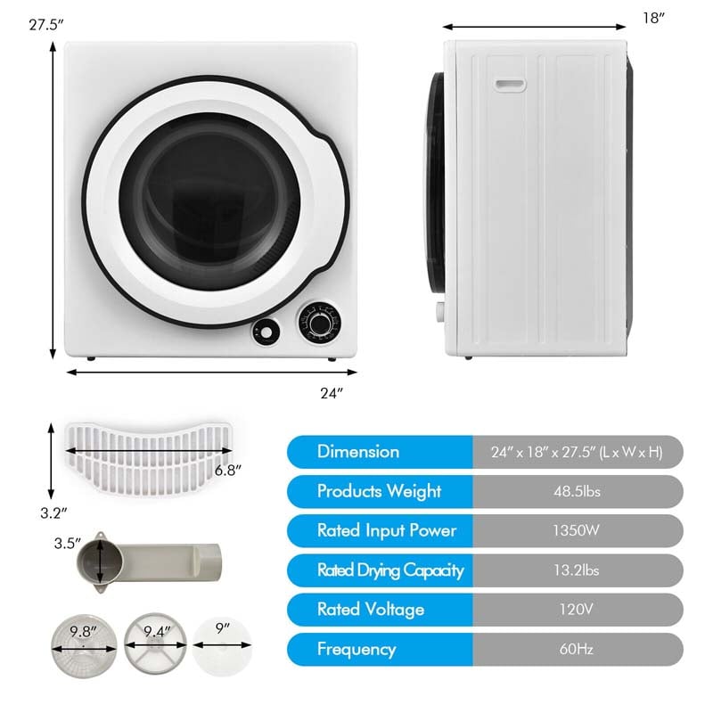 13.2 lbs Front Load Tumble Dryer for Apartments Dorms RVs, 1350W Portable Clothes Dryer with 5 Drying Modes