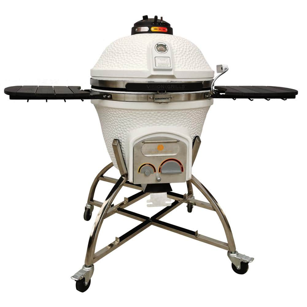 Vision Grills 24 in. Kamado XD702 Ceramic Charcoal Grill in White with Cover, Storage Cart, Shelves, Lava Stone, Ash Drawer XD-702WC