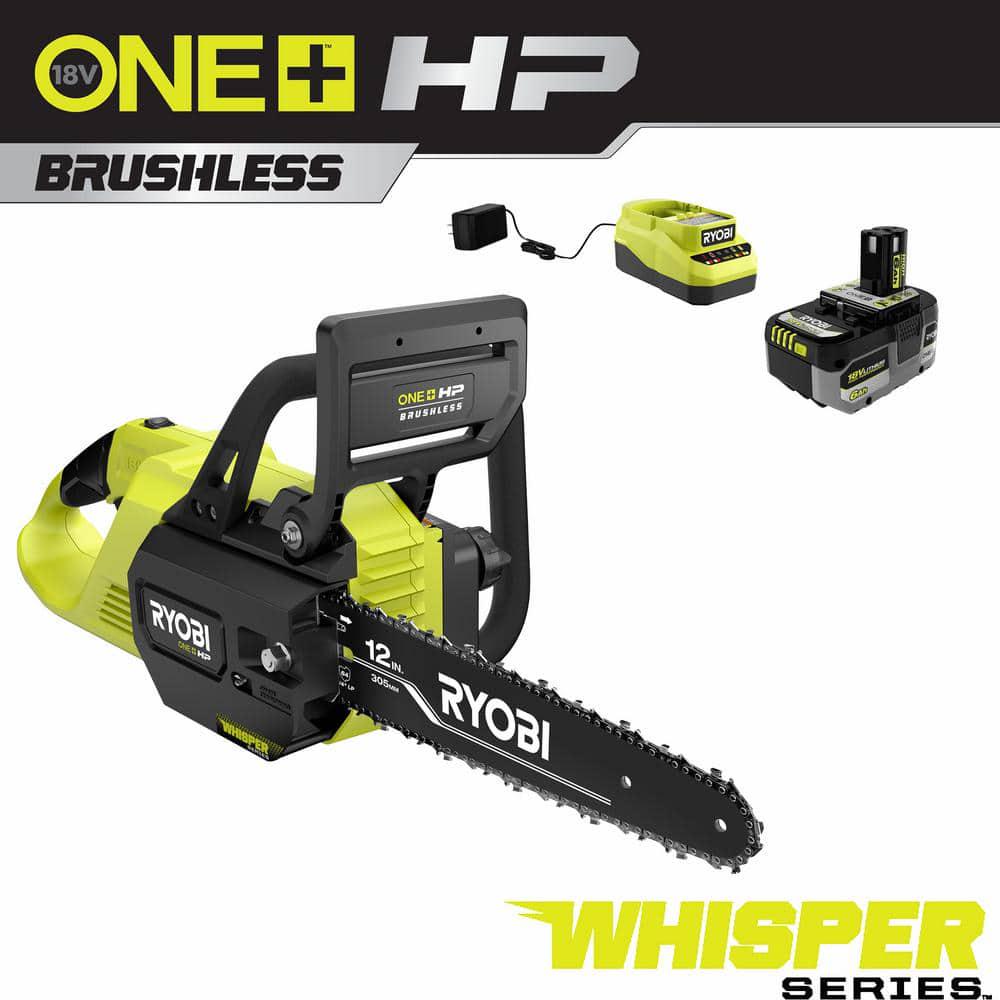 RYOBI ONE HP 18V Brushless Whisper Series 12 in Battery Chainsaw with 60 Ah Battery and Charger