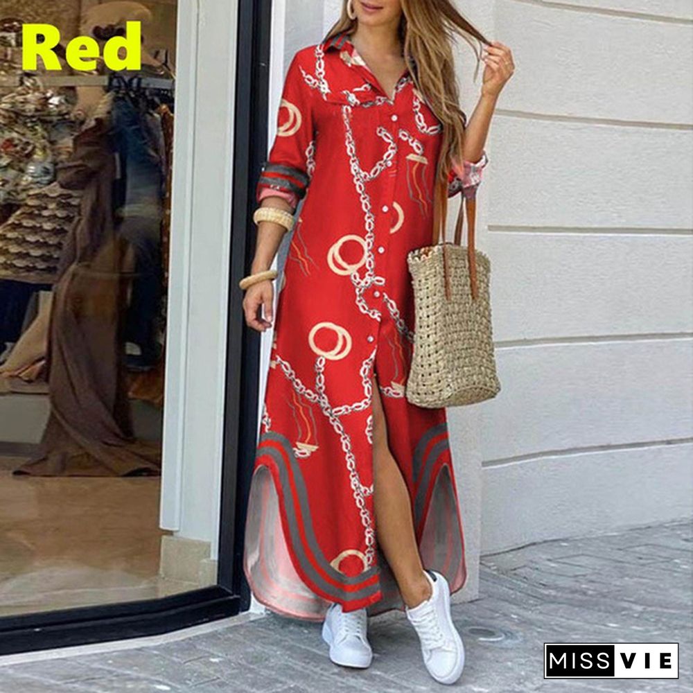 Fashion Women Summer Autumn Long Sleeve Turn-Down Collar Shirt Dresses Ladies Loose Printed Long Dresses Party Dresses