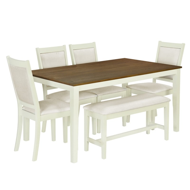 Rustic Solid Wood Dining Table Set Kitchen Table Set with Rectangular Table  4 Upholstered Chairs and Bench