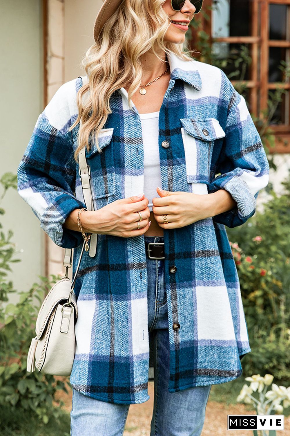 Button Pockets Plaid Shacket Jacket