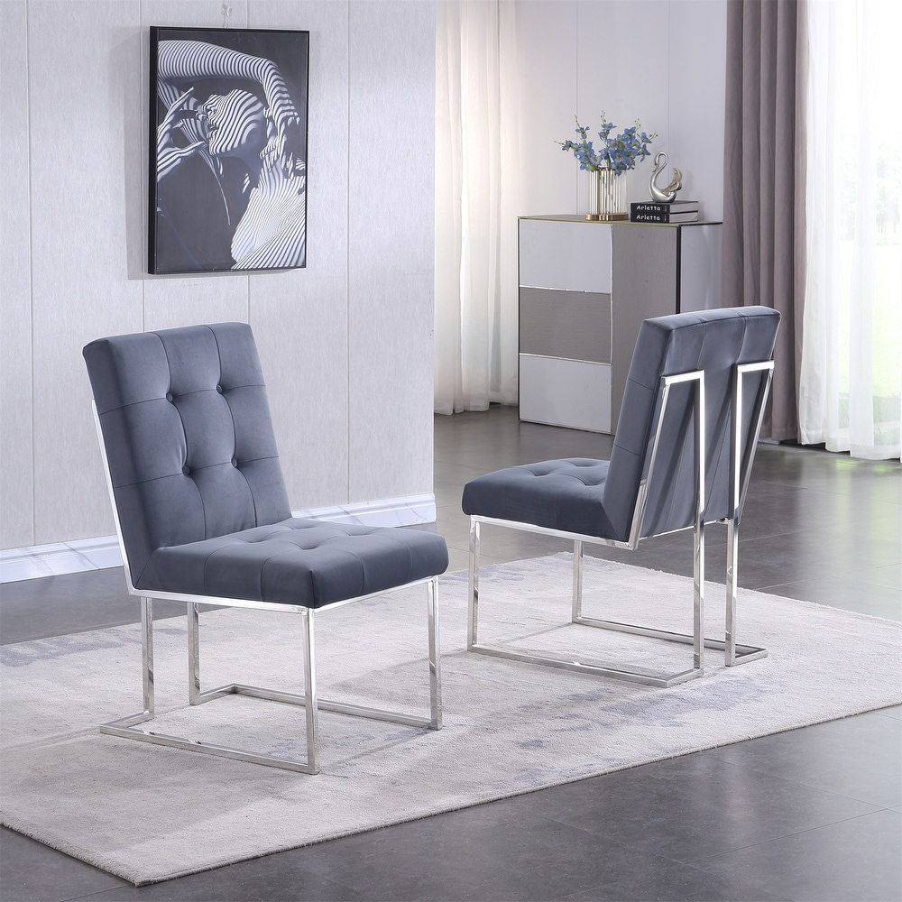 Velvet Dining Chair Tufted Design and Silver Finish Stainless Base