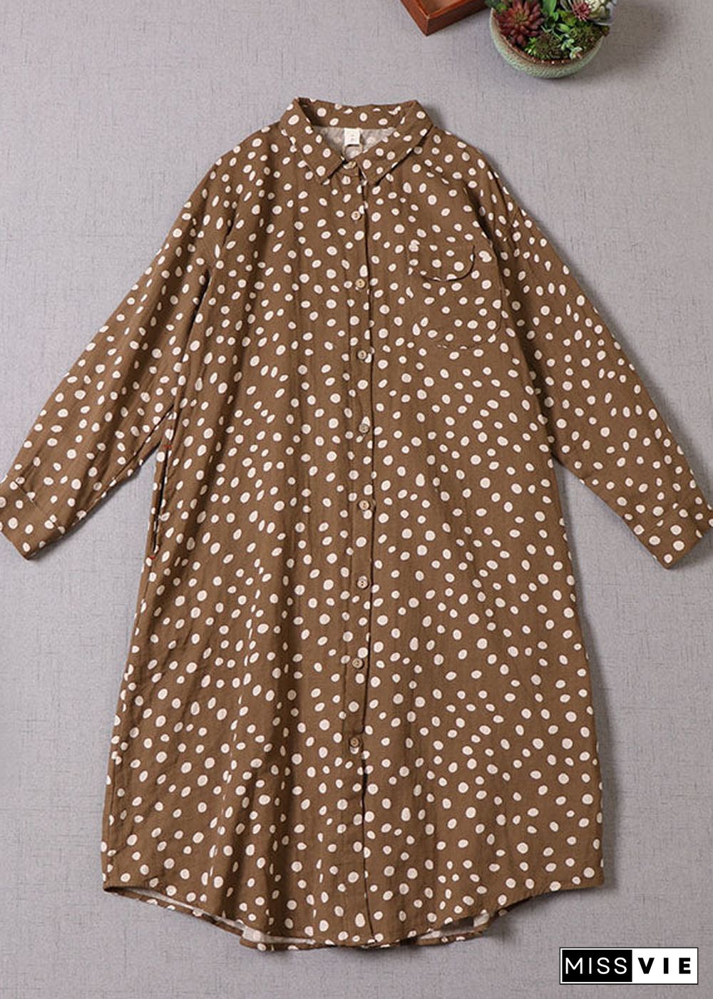 French Yellow Brown Button Dot Print Cotton Dress Spring