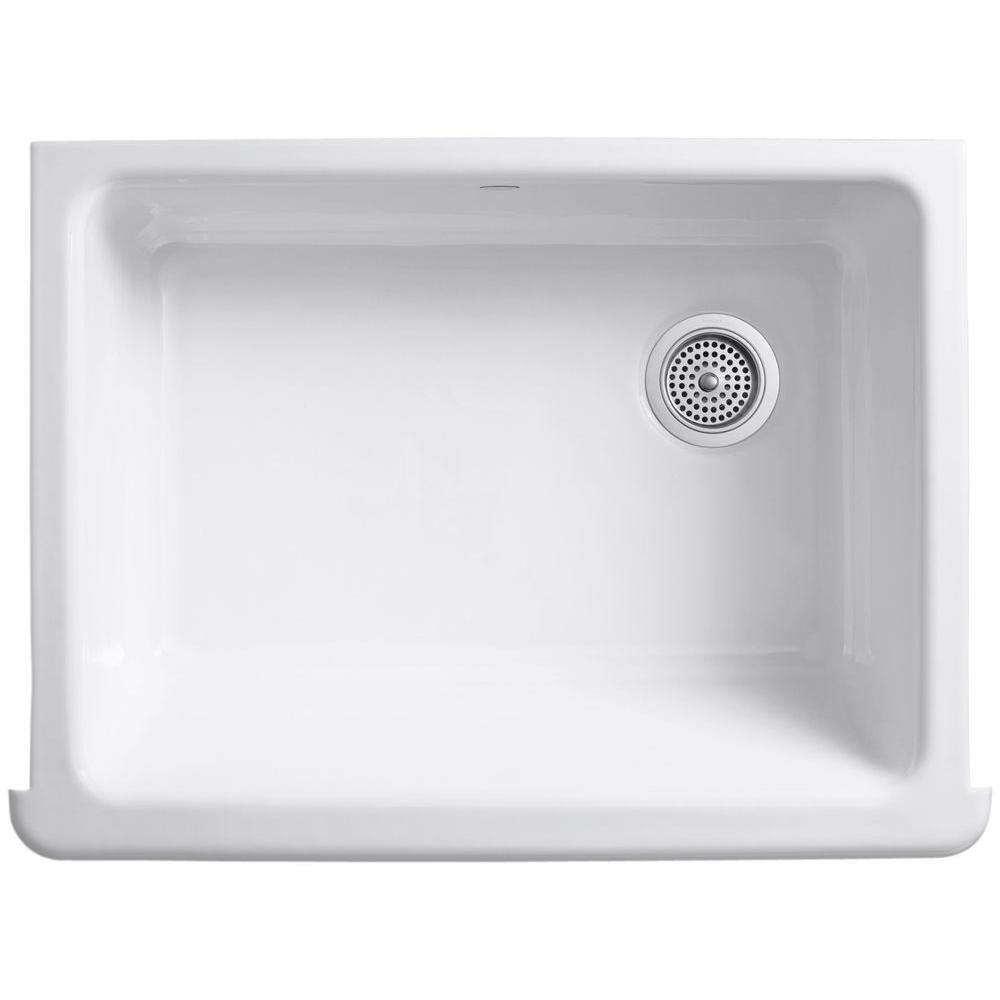 KOHLER Whitehaven Farmhouse Undermount Apron Front Cast Iron 30 in. Self-Trimming Single Bowl Kitchen Sink in White K-6487-0